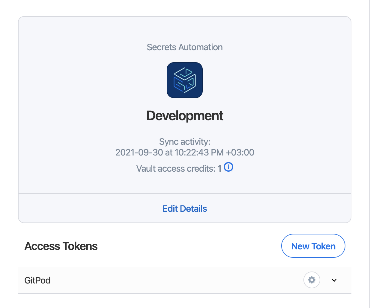 1Password Secrets Automation flow, with one Access Token named Gitpod